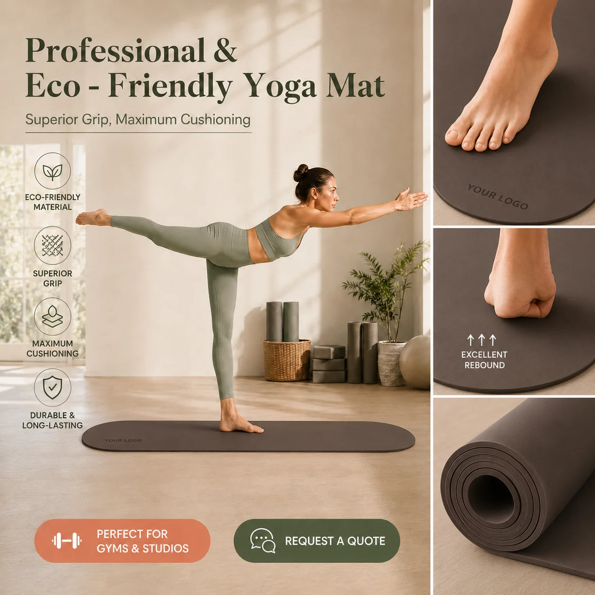 Oval 183*68cm PU Gym Fitness Pilates Eco-Friendly Non-Slip Soft Yoga Mat