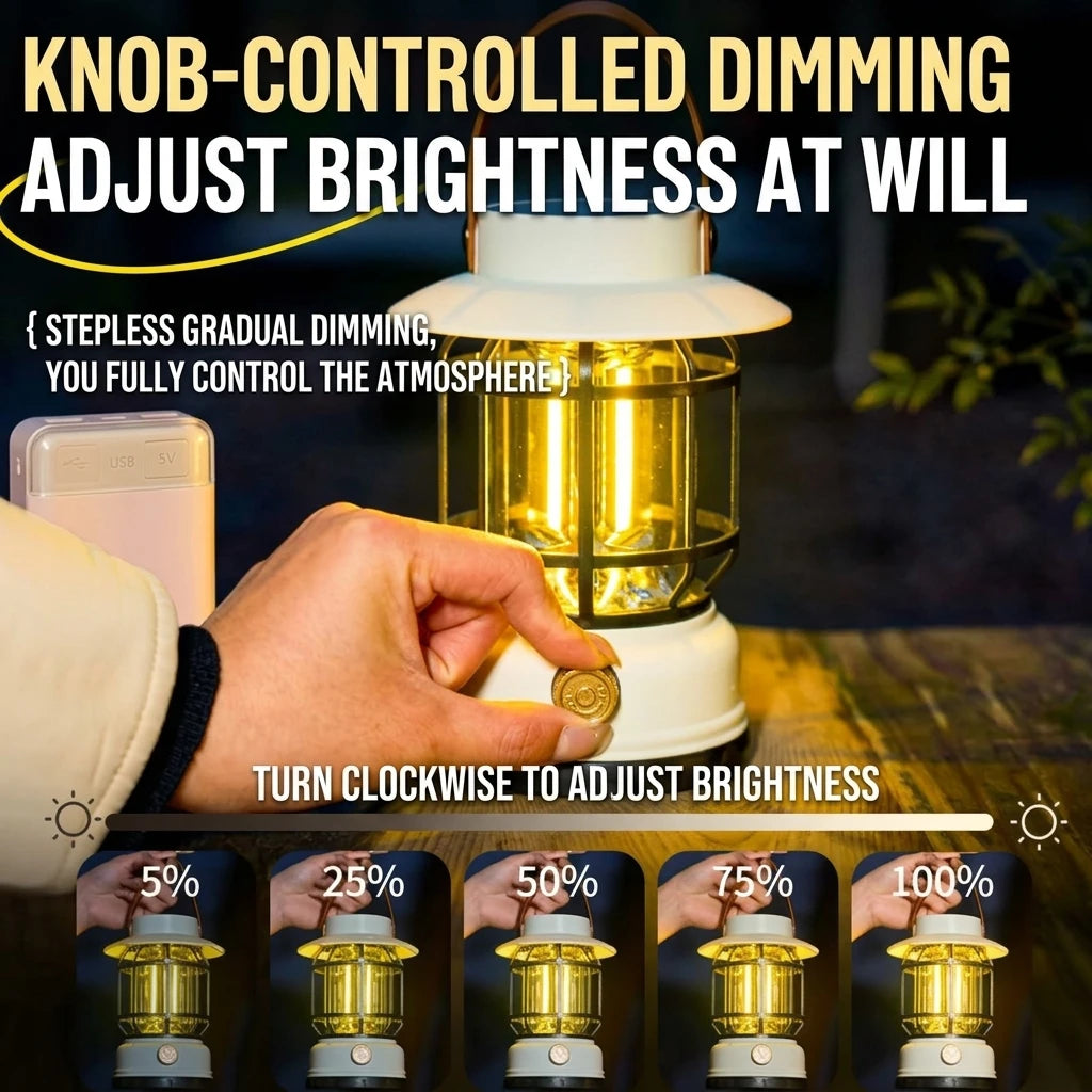 Solar LED Camping Lantern Vintage Rechargeable Outdoor Tent Lamp Stepless Dimming
