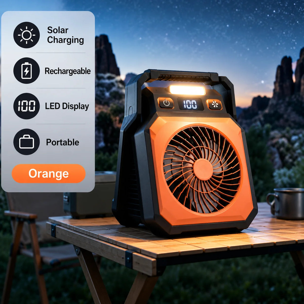 MoonlitGlow Custom Solar Rechargeable Camping Fan LED Light 3-Speed Control Dual-Core
