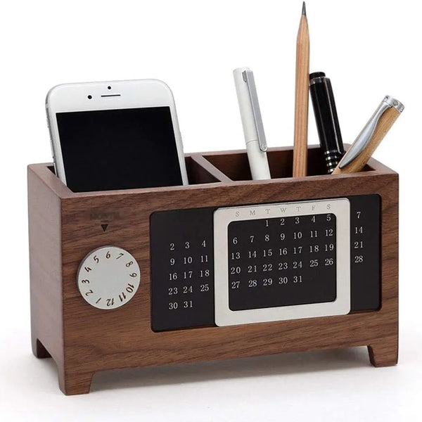 Modern Wood Pen Holder with Calendar Multifunctional Home Organizer Desk & Office Storage