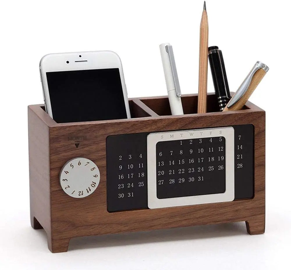 Modern Wood Pen Holder with Calendar Multifunctional Home Organizer Desk & Office Storage