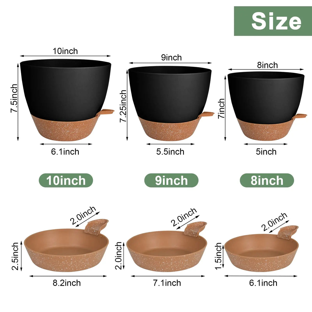 10/9/8 Inch Self Watering Plant Pots with Drainage Hole, Plastic Planters Flower Pots