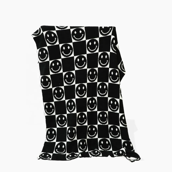 Customizable Smiley Face Double-Sided Thermal Knit Throw Chunky Black White Fleece Beach