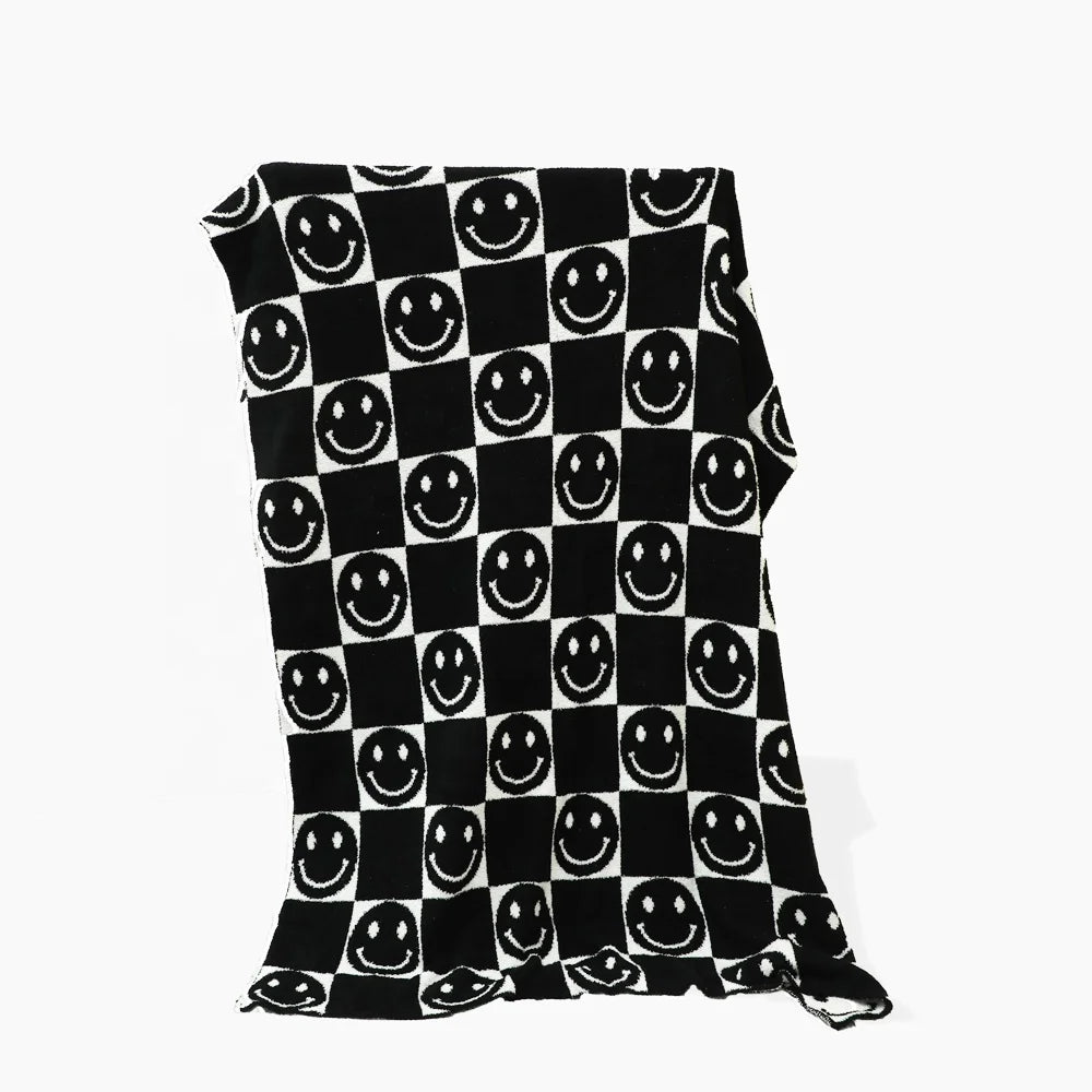 Customizable Smiley Face Double-Sided Thermal Knit Throw Chunky Black White Fleece Beach