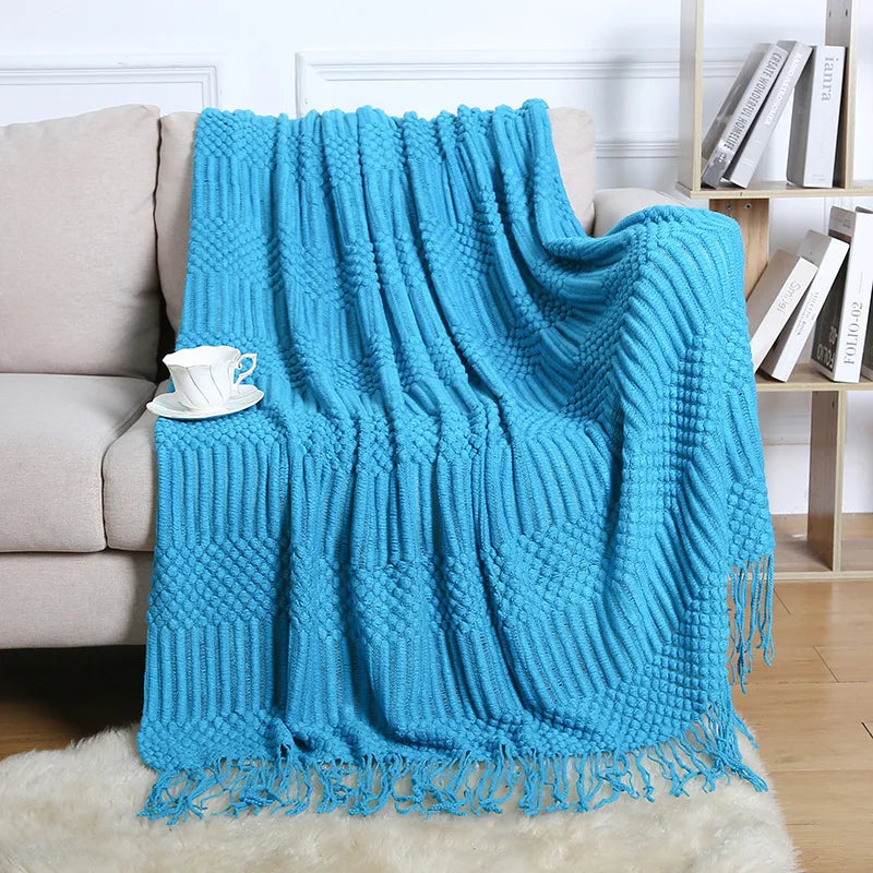 Chunky Knitted Blanket Sofa Throw Blanket With Tassels Weighted Blanket for Winter