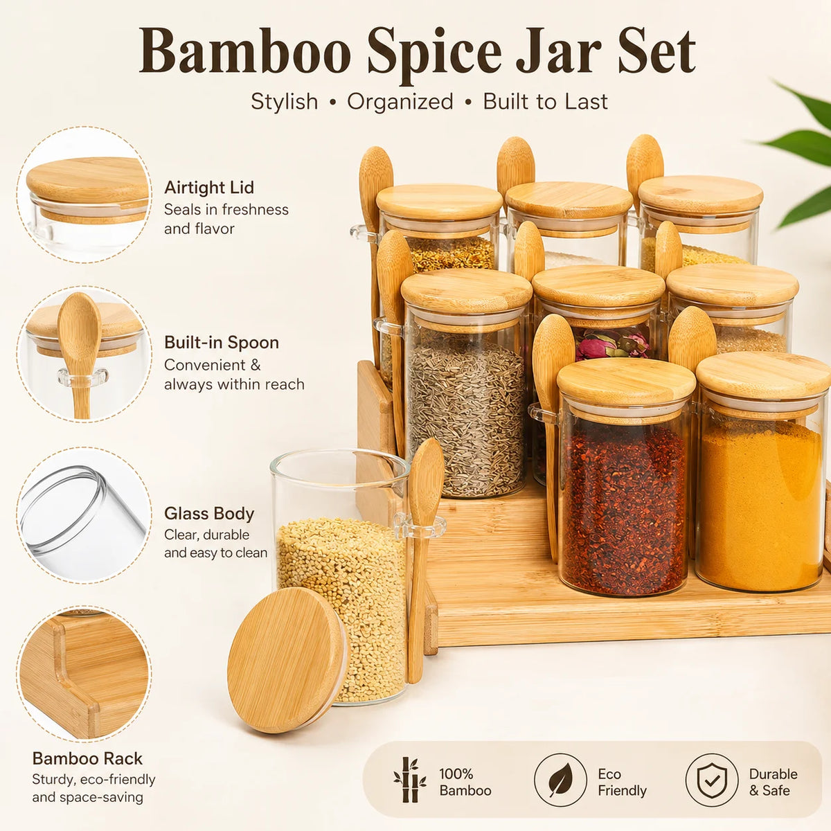 8 Piece Glass Spice Jar Set with Bamboo Lids Spoons and 2 Tier Organizer Rack for Kitchen