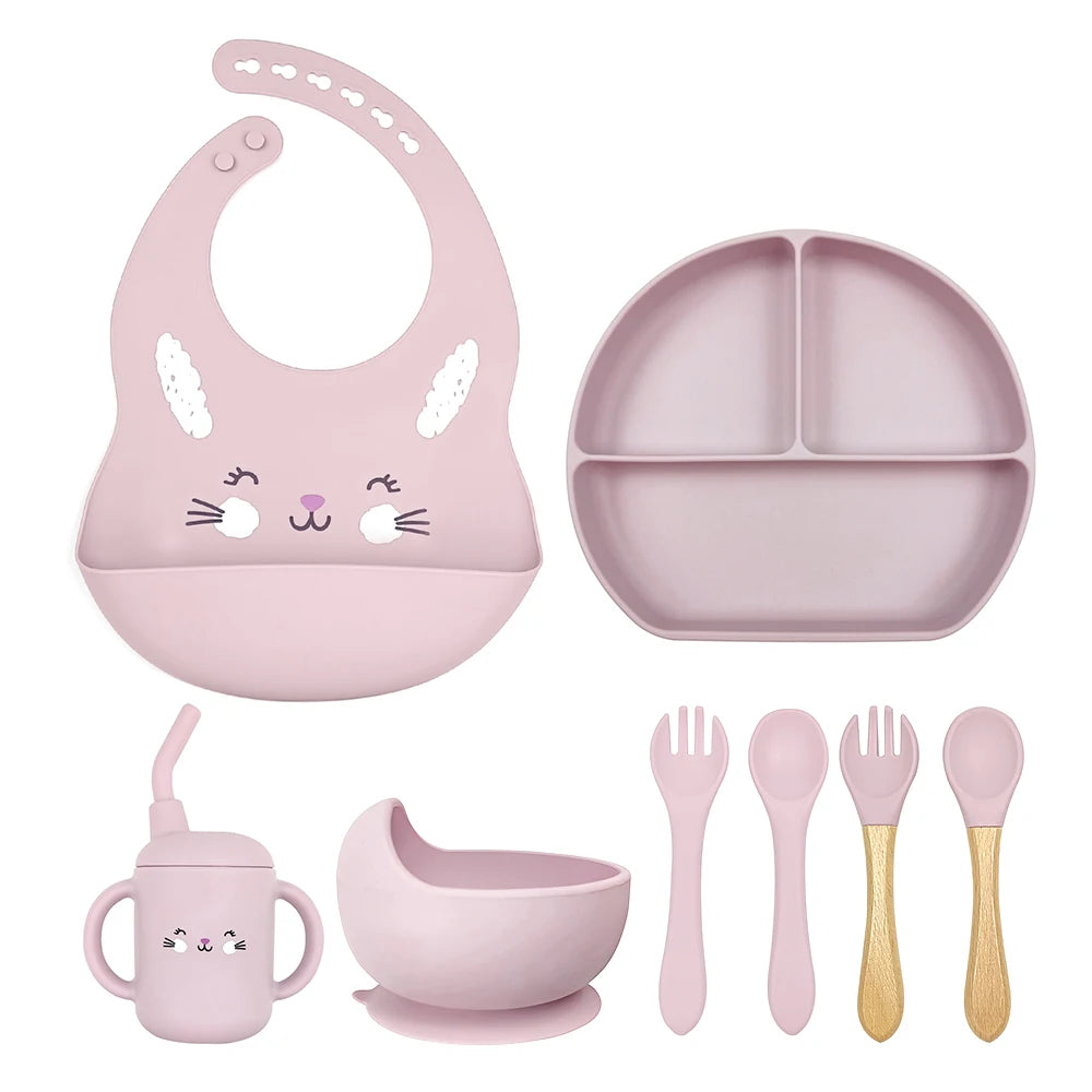 8pc Bebe Silicone Feeding Set Toddler Weaning Set Suction Bottom Infant Dining Tableware