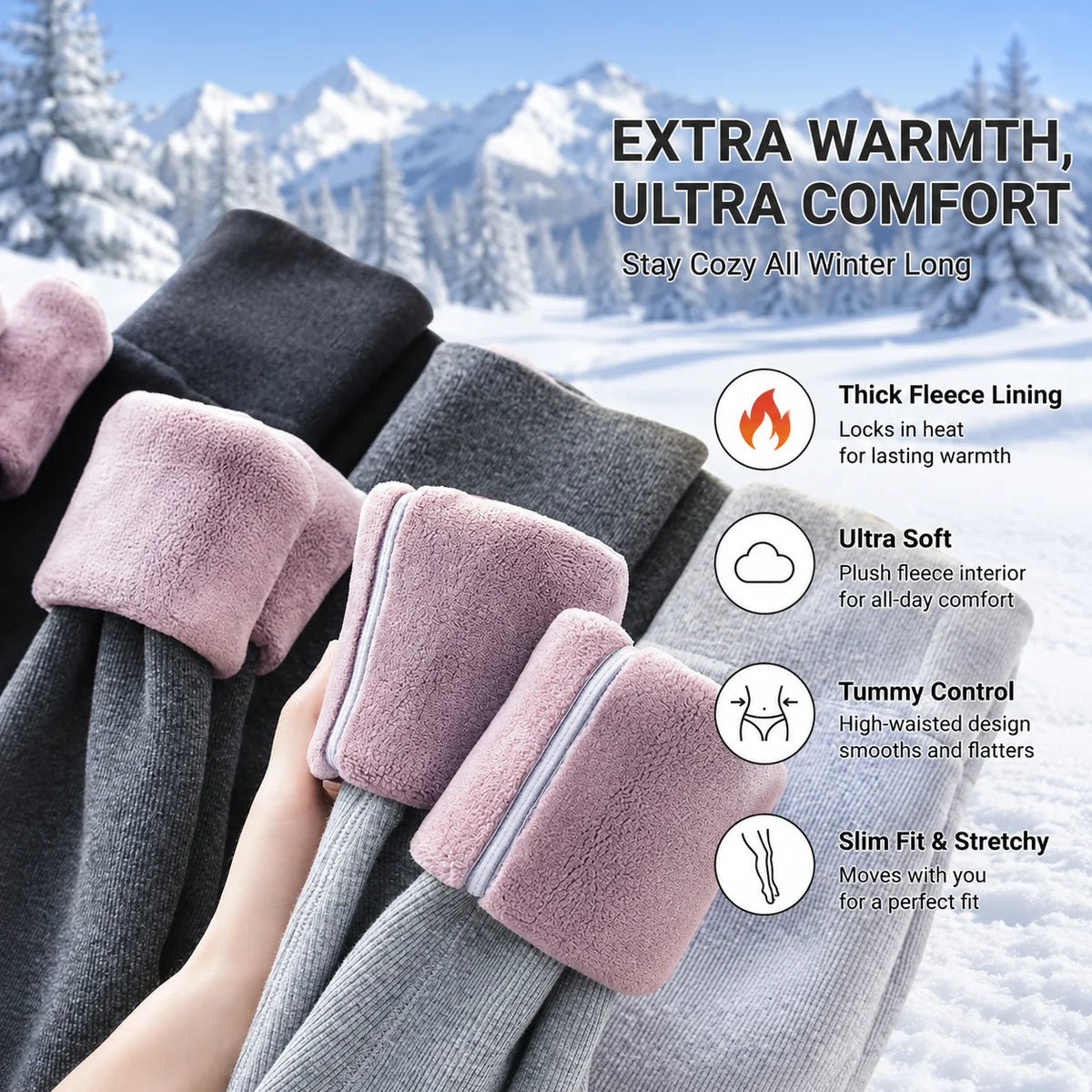 Womens Light Gray Fleece Leggings Purple Sherpa Lined High Waist Thick Winter Thermal