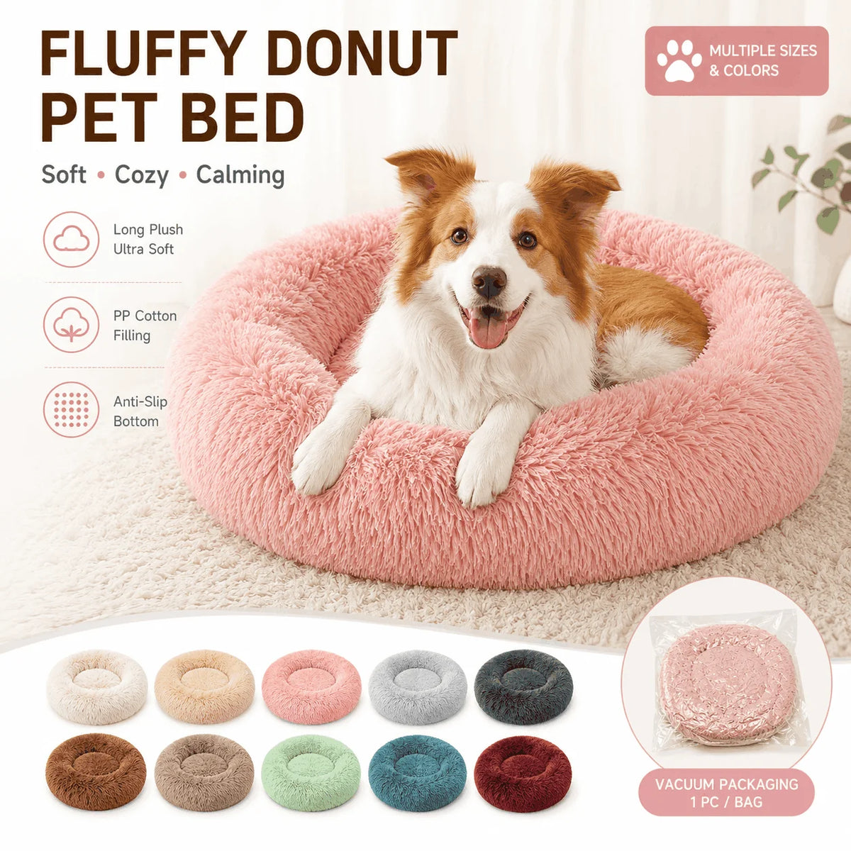 Custom Fluffy Donut Dog Bed Long Plush Calming Pet Bed Soft Round Cat Bed with Anti Slip