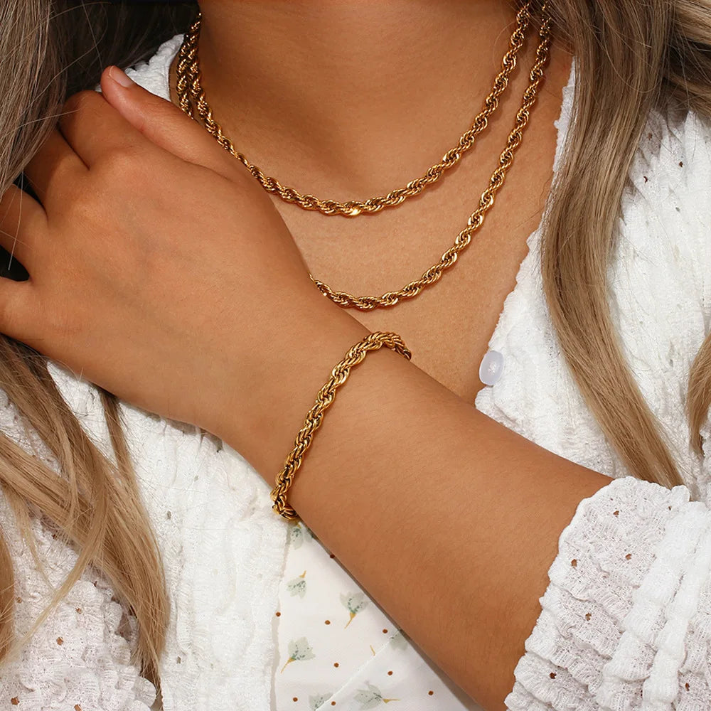 Trendy 18K Gold Plated Stainless Steel Twisted Rope Chain Necklace Bracelet Choker Women