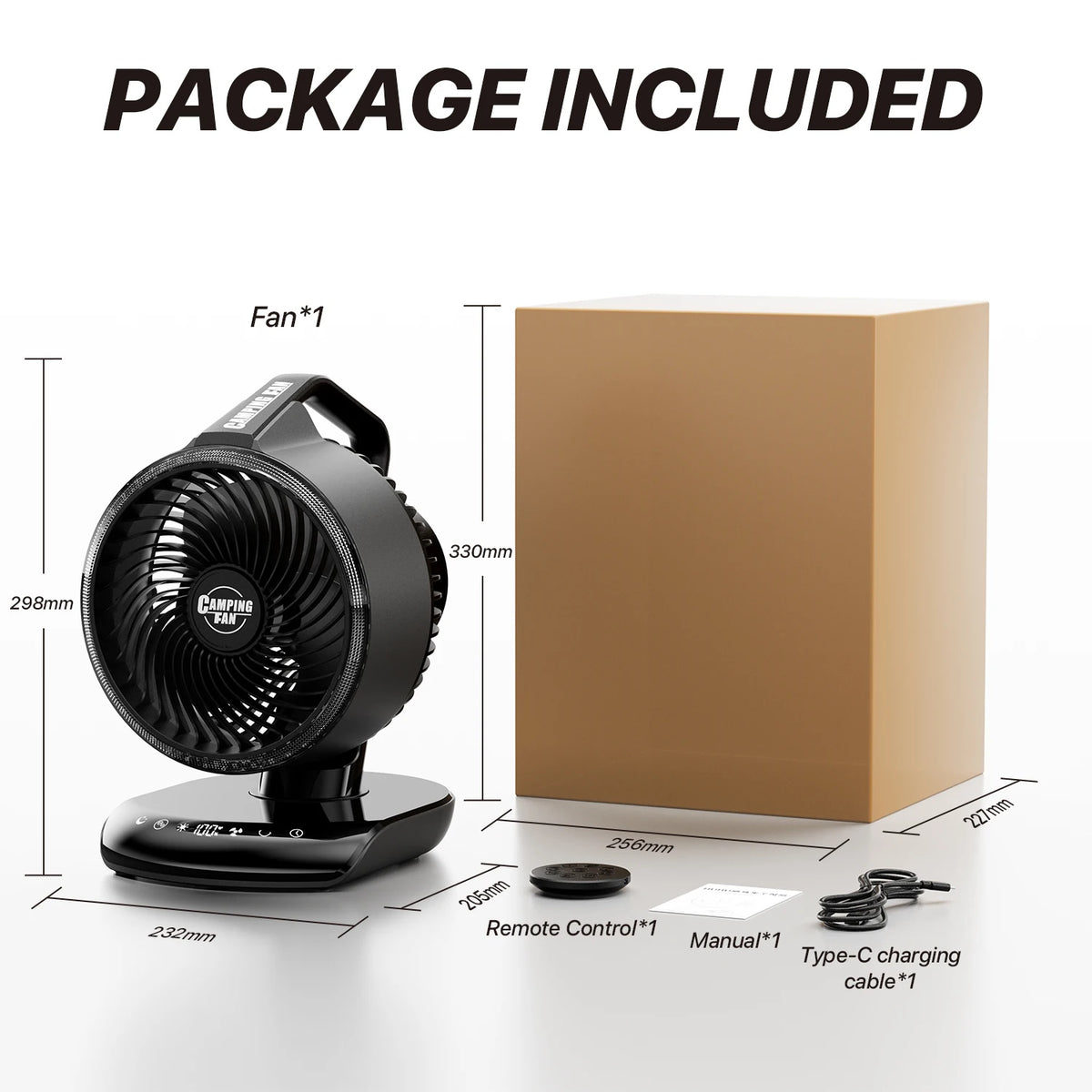 20000mAh Battery Operated Camping Fan with Light 5 Speed Auto Oscillating Remote Control