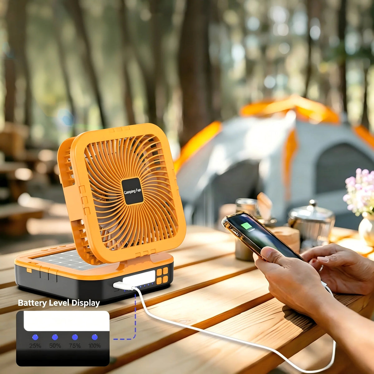 4-Speed Oscillating Camping Fan Foldable Auto Swivel Solar Fan with LED &Power Bank