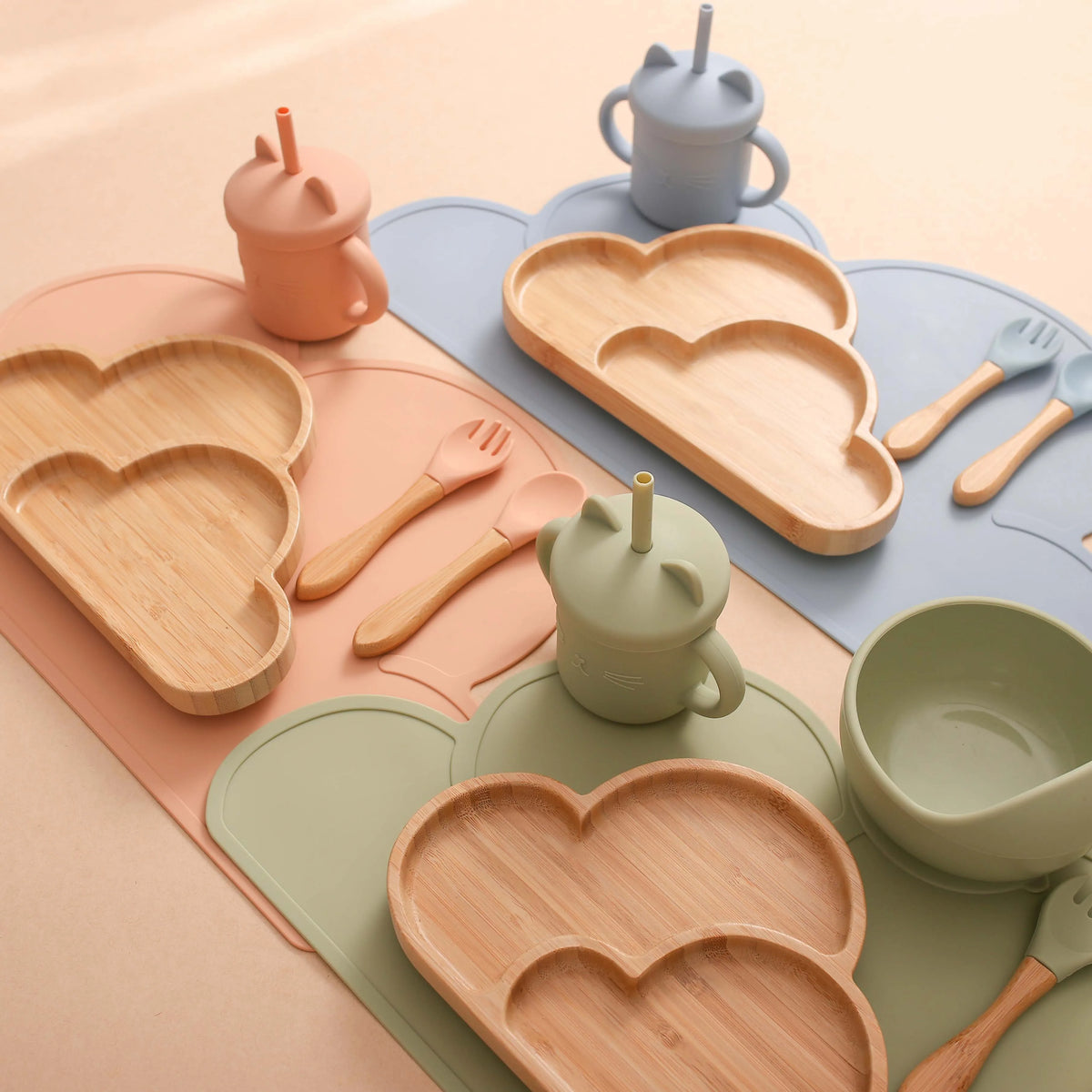 PGJ1201 Cartoon Design Silicone Baby Tableware Set Includes Plate Bowl Spoon Fork Sippy
