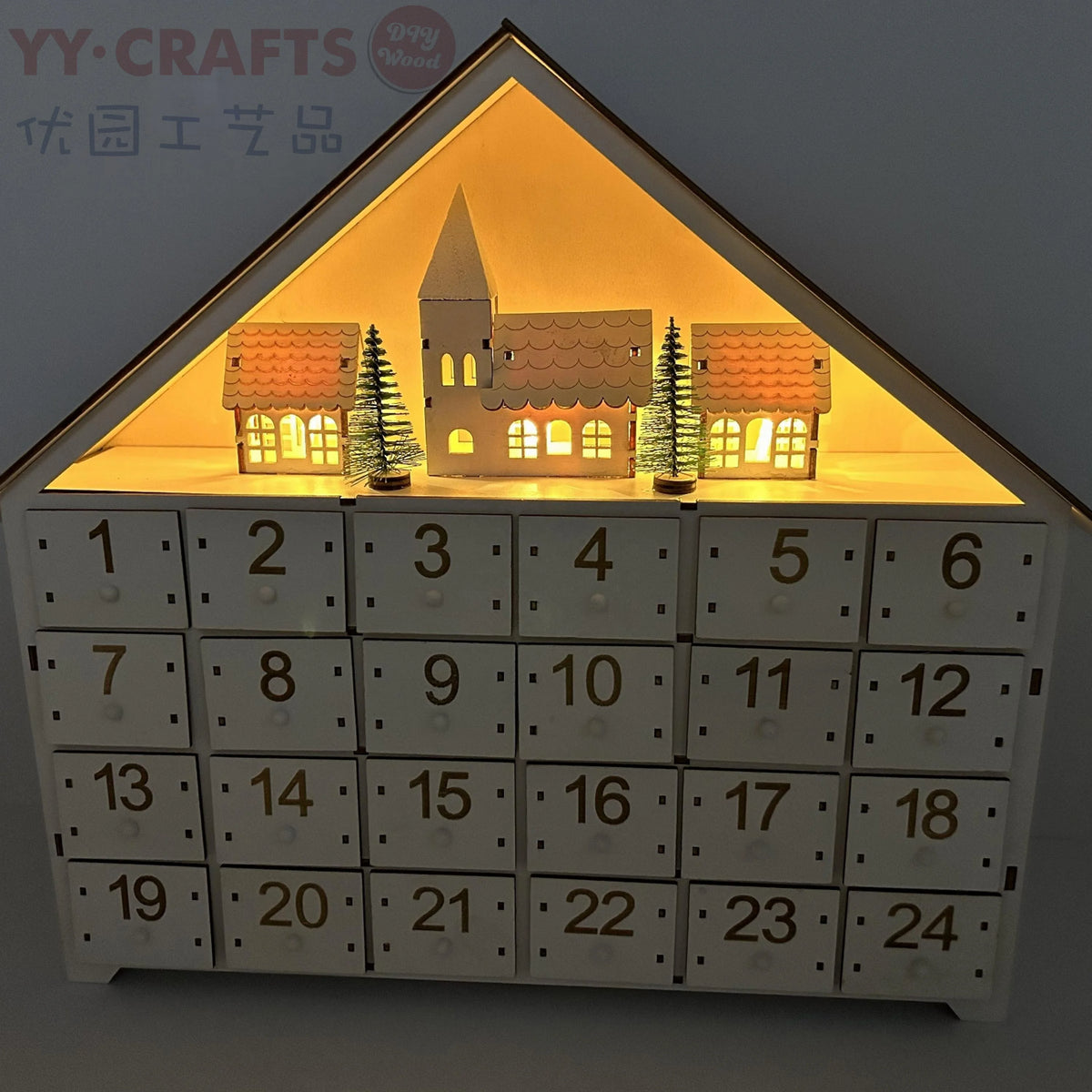 24 Day House Shaped Wooden Advent Calendar with 24 Drawer Box, Christmas Tree and LED