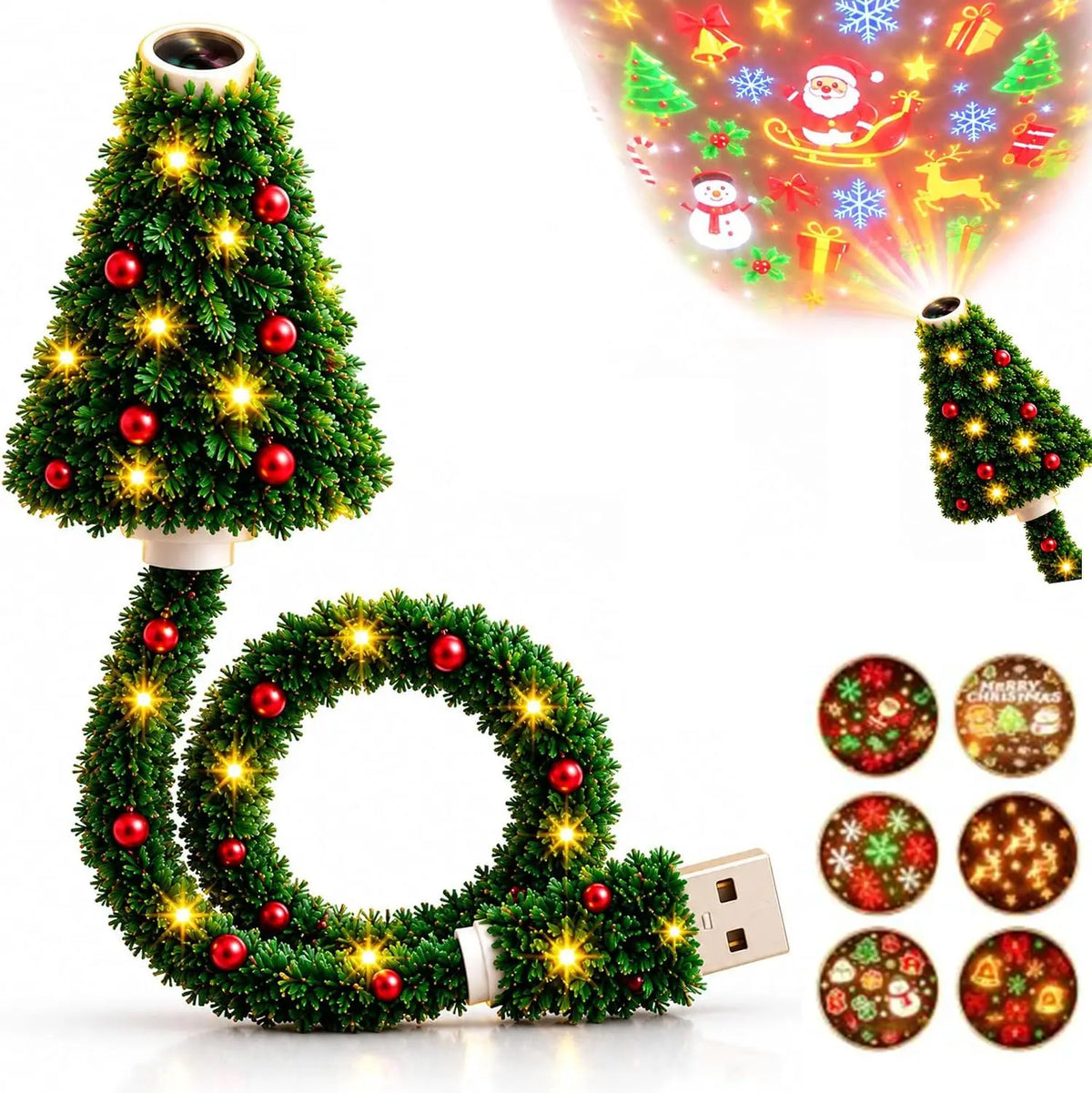 Christmas Tree Night Light Projector USB 6 Pattern Slides Santa Reindeer Snowflake Warm