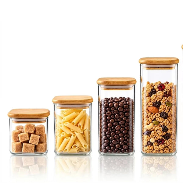 Square Glass Storage Jars with Bamboo Lids Airtight High Borosilicate Kitchen Canister Set