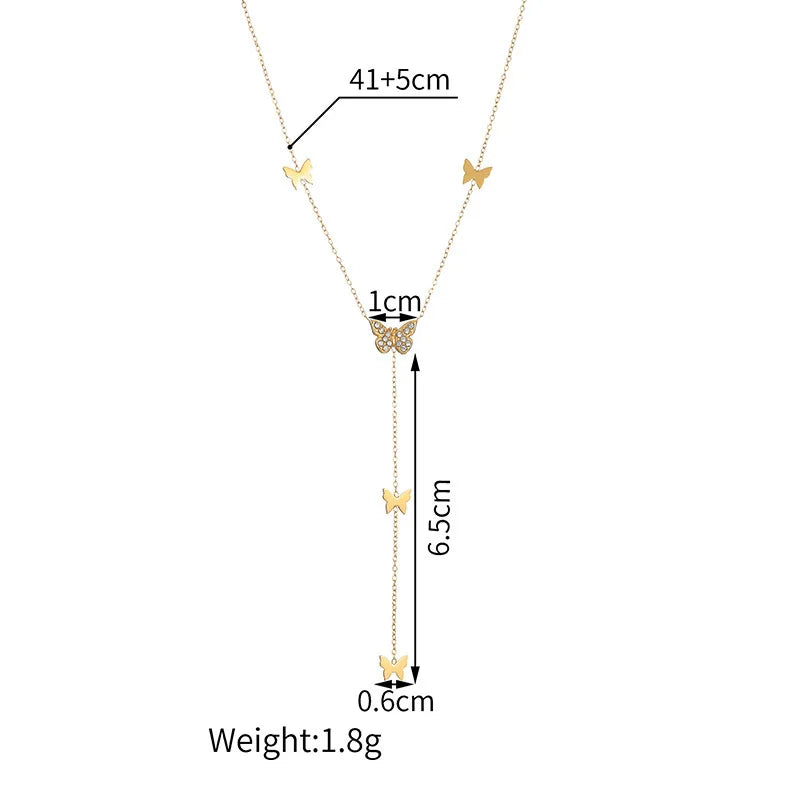 18K Gold Plated Stainless Steel Beaded Tassel Choker Necklace Zircon Butterfly Jewelry
