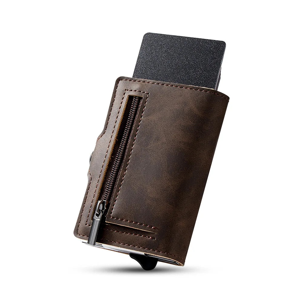 Aluminum Pop Up Card Holder Men PU Leather Minimalist Wallet with Zipper Pocket Credit