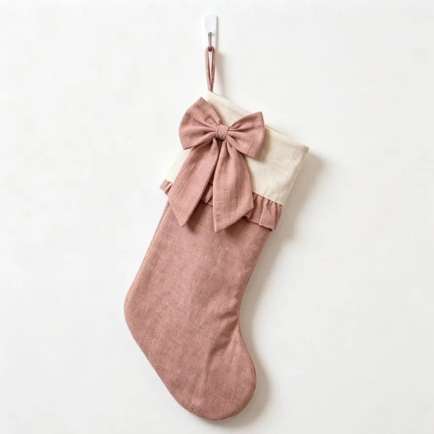Retro Bow-Knot Christmas Stocking Three-Piece Set Fabric Plaid Stripe Gift Bag Fireplace