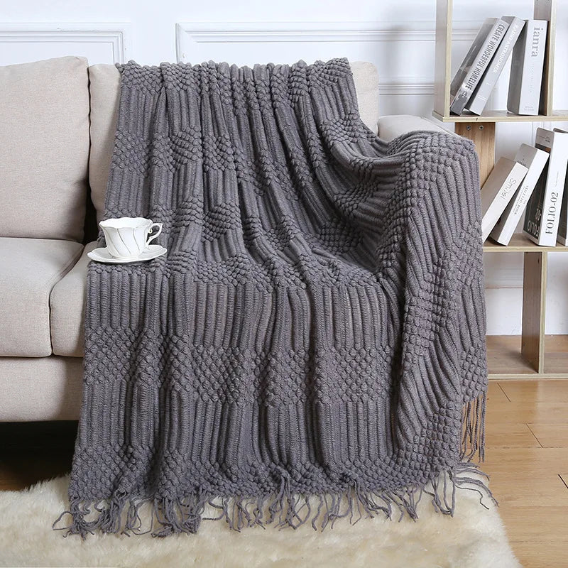 Chunky Knitted Blanket Sofa Throw Blanket With Tassels Weighted Blanket for Winter