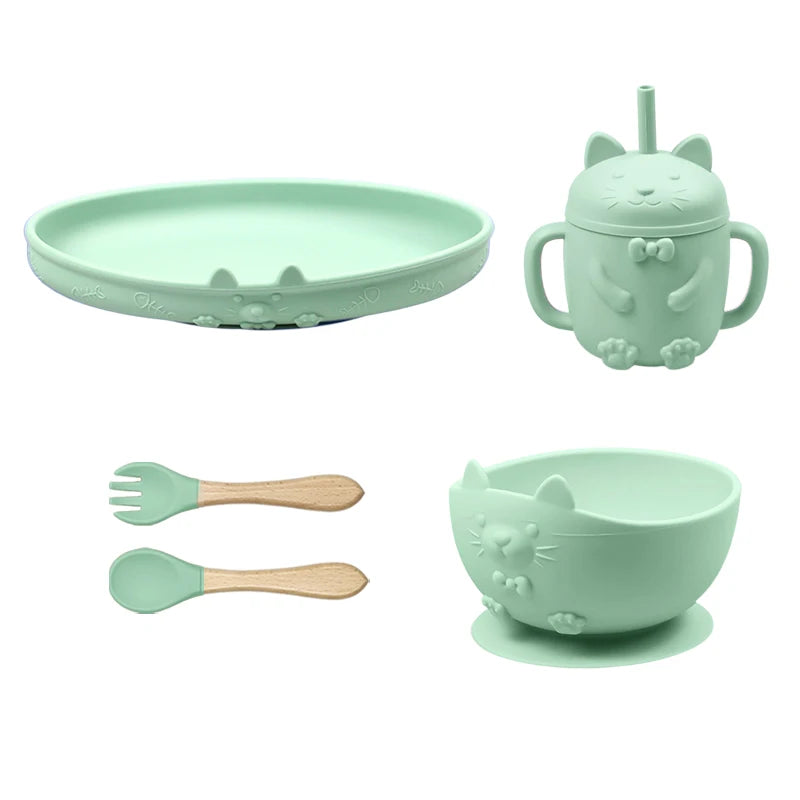 Food Grade Silicone Baby Feeding Set With Cup Bowl Plate Bib Spoon and Fork Easy Clean