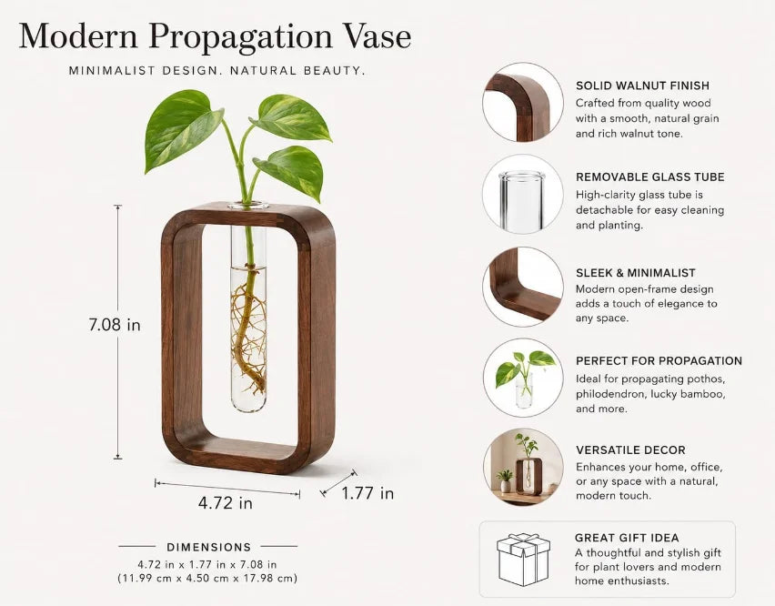 Minimalist Modern Indoor Wooden Frame Glass Vase Hydroponic Planter Wooden Propagation