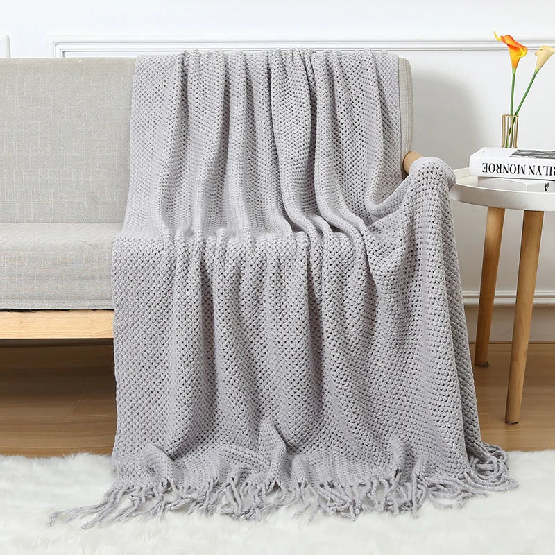 Chunky Knitted Blanket Sofa Throw Blanket With Tassels Weighted Blanket for Winter