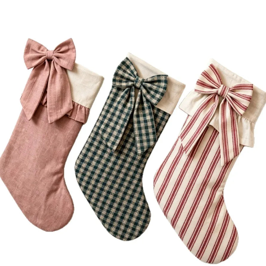 Retro Bow-Knot Christmas Stocking Three-Piece Set Fabric Plaid Stripe Gift Bag Fireplace