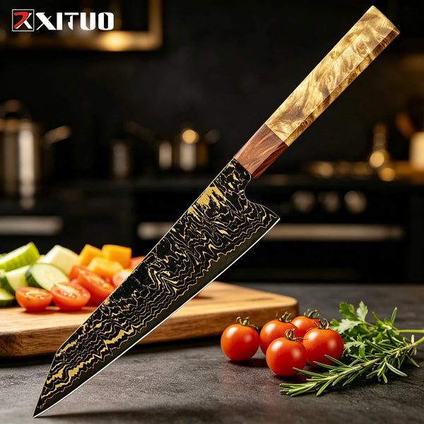 Handmade Japanese Kiritsuke Knife 8 Inch Copper Damascus Steel Kitchen Knife For Sushi