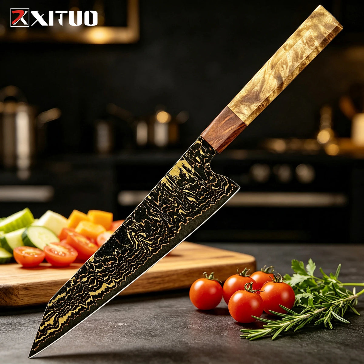 Handmade Japanese Kiritsuke Knife 8 Inch Copper Damascus Steel Kitchen Knife For Sushi