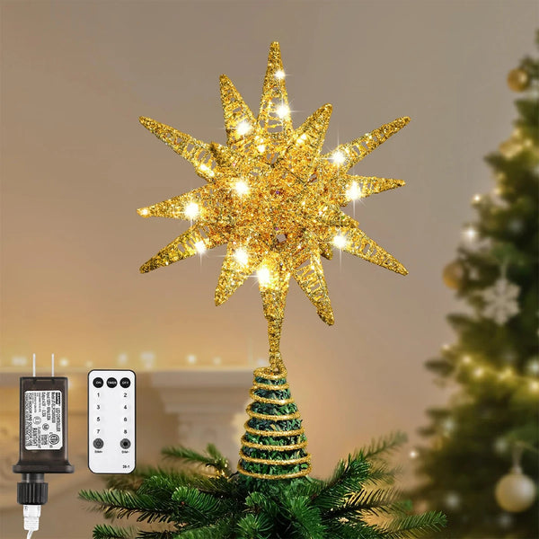 Silver LED Christmas Tree Topper Star Glitter Iron Tree Top Star Decoration