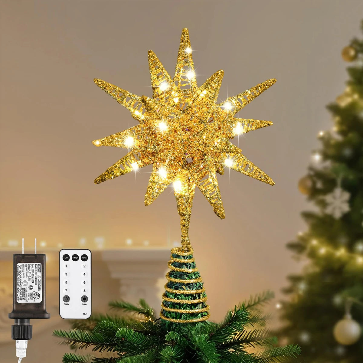 Silver LED Christmas Tree Topper Star Glitter Iron Tree Top Star Decoration