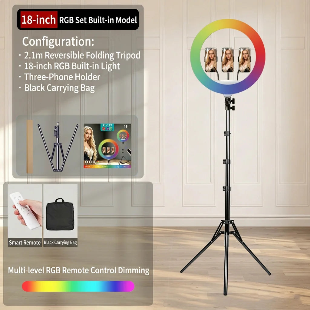 Three-Color Ring Fill Light Lamp 18 Inch 22 Inch Ring Lights with Tripod Stand and Phone