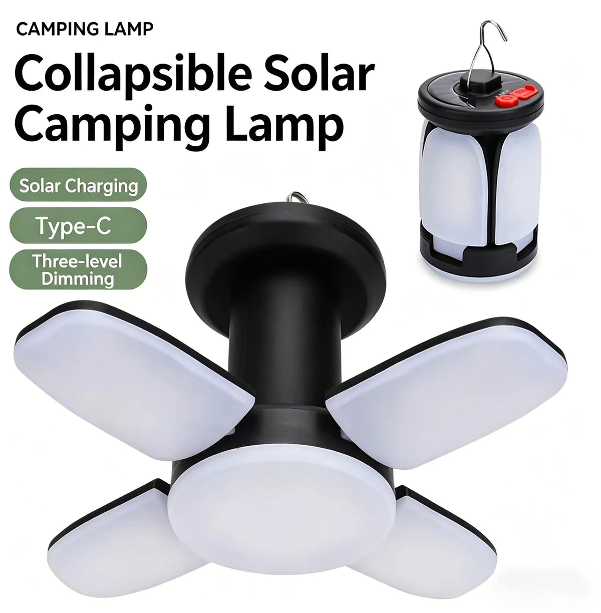 Foldable 4-Leaf Solar Camping Lantern, USB Rechargeable Bright Outdoor Camp Light,