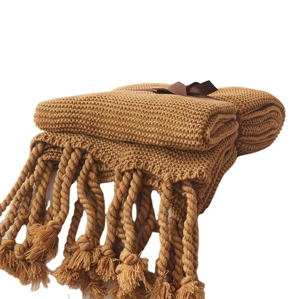 Luxury Knit Throw Blanket for Travel Picnic Beach Soft Chunky Cozy Fringed Warm Polyester