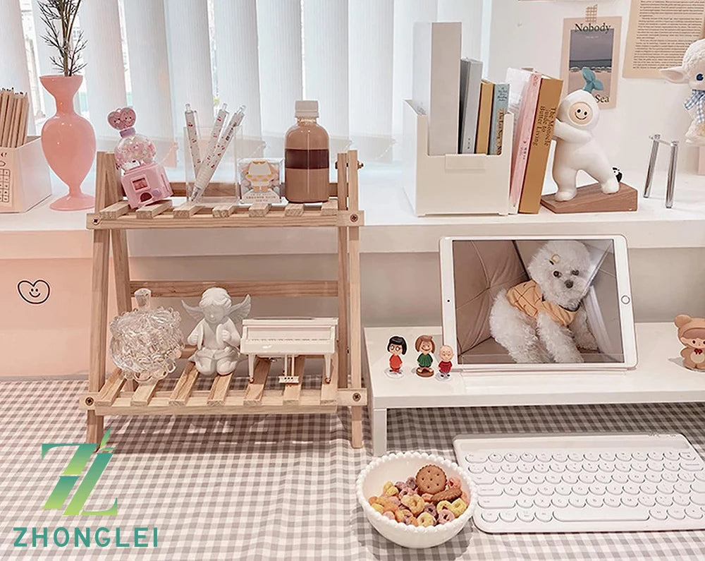 Wooden Double Layer Rack Desk Storage Organizer