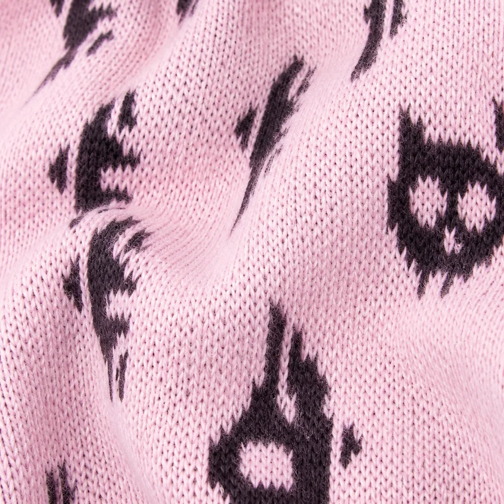 Spooky Women Pink Skull Halloween Sweater Pullover Knit Autumn Winter Crew Neck Long