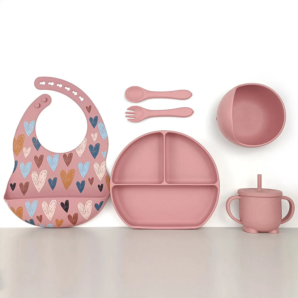 8pc Bebe Silicone Feeding Set Toddler Weaning Set Suction Bottom Infant Dining Tableware