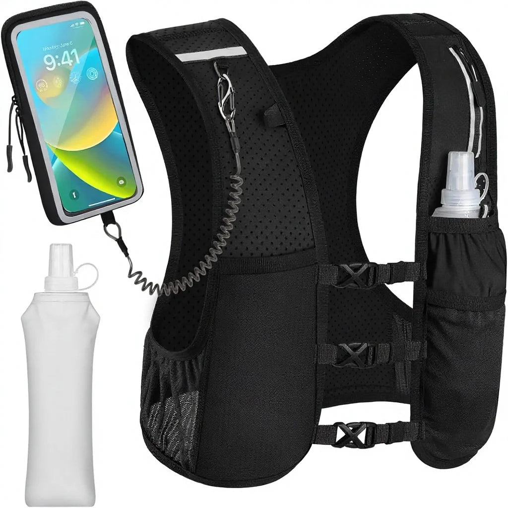 Unisex Running Vest Lightweight Hydration 500ML Soft Flask Phone Holder Reflective