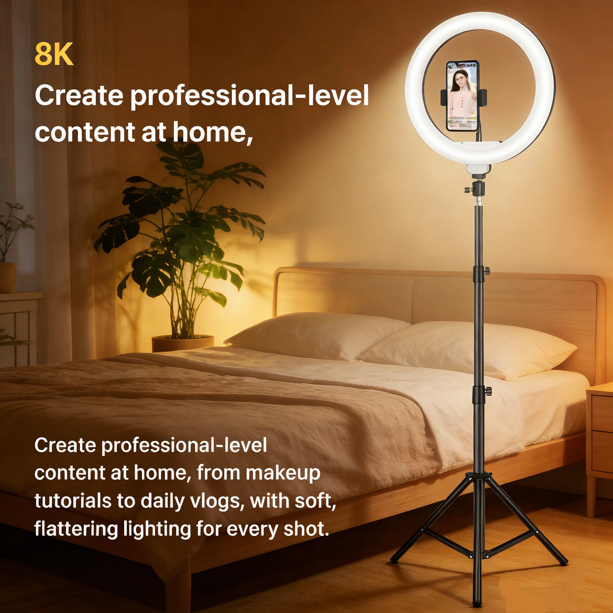 Portable Foldable Ring Light Stand with Phone Holder, Dimmable Live Stream Tripod