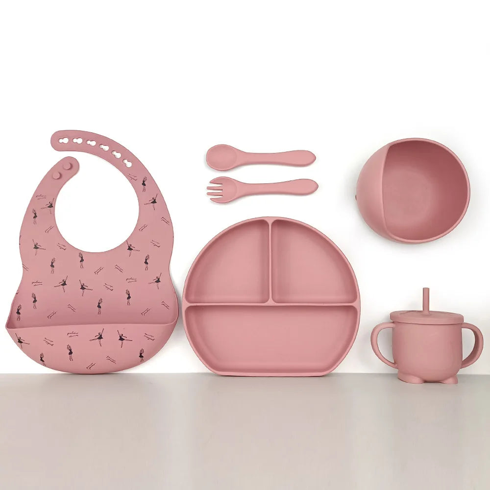 8pc Bebe Silicone Feeding Set Toddler Weaning Set Suction Bottom Infant Dining Tableware