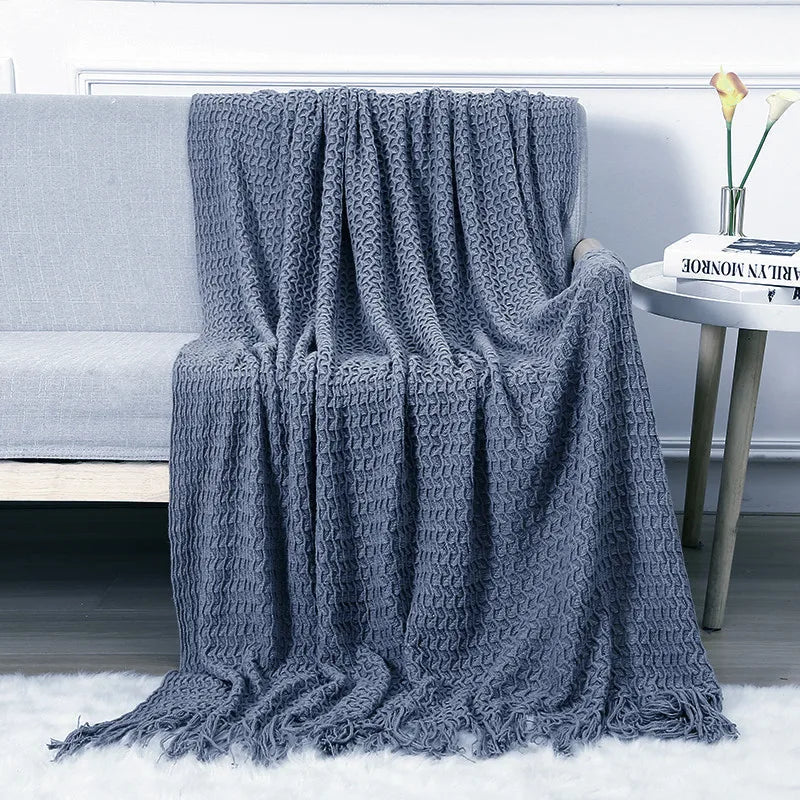 Chunky Knitted Blanket Sofa Throw Blanket With Tassels Weighted Blanket for Winter
