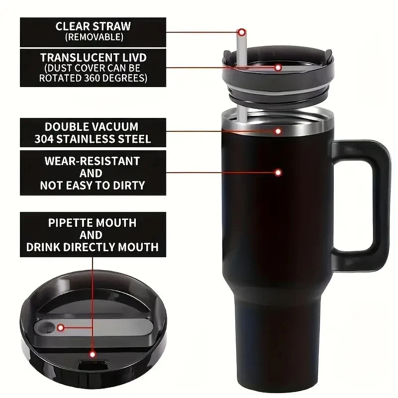 Double Walled Insulated Vacuum Stainless Steel 40Oz Tumbler With Straw Handle And Lid