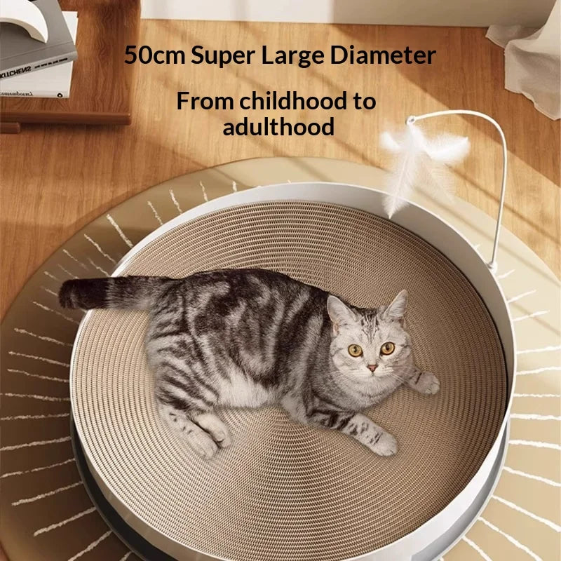 Interactive Cat Scratching Board Oval Cardboard Scratcher With Feather Wand Turntable Toy