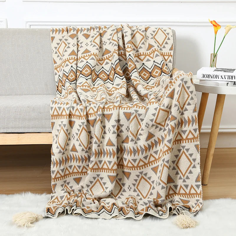 Chunky Knitted Blanket Sofa Throw Blanket With Tassels Weighted Blanket for Winter