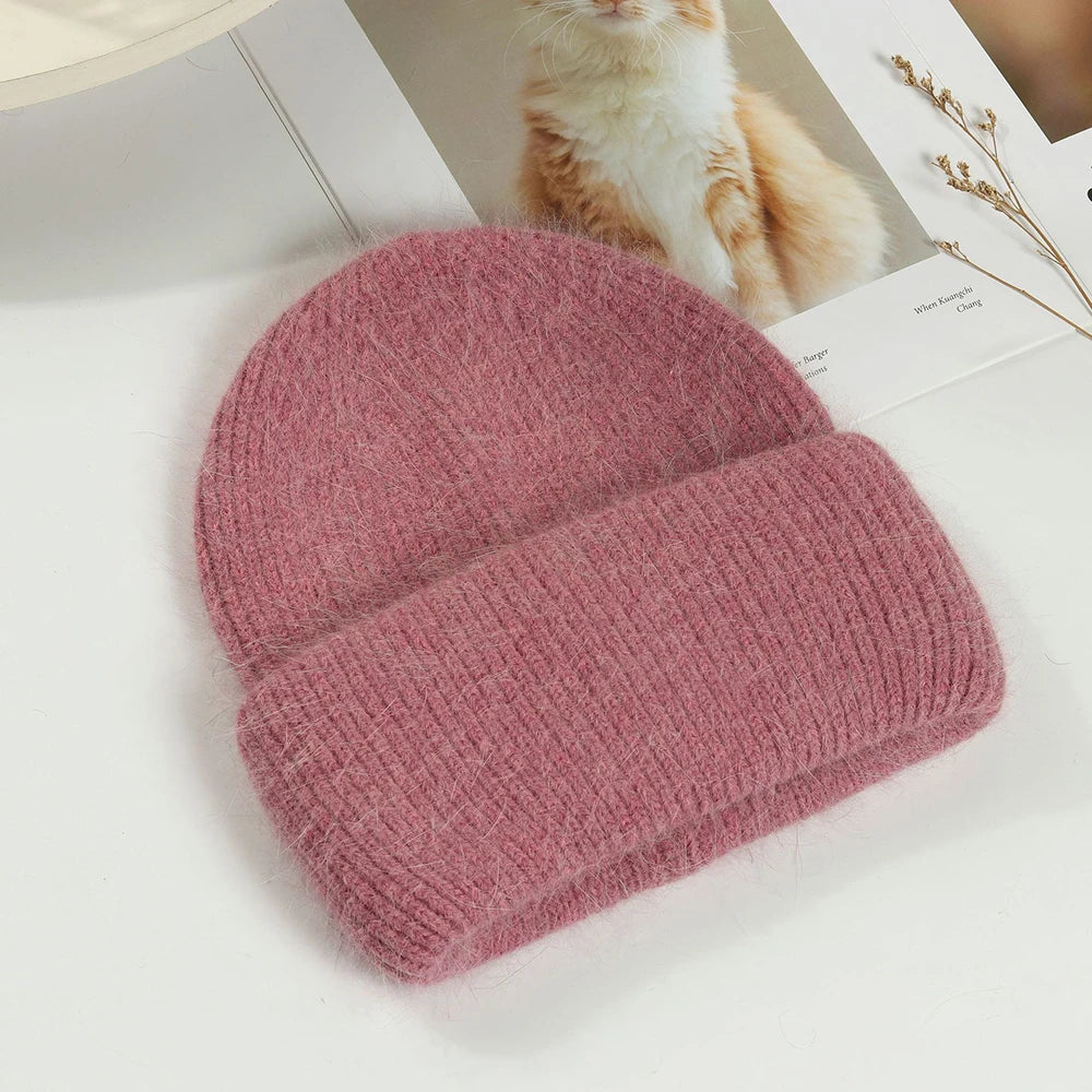 Knit Beanie Hat Real Angora Rabbit Fur Slouchy Skull Cap Winter Warm Stocking Hats