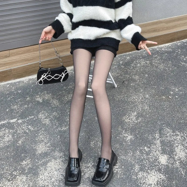 Winter Double-Layer Warm Fleece Velvet Lined Women'S Translucent Leggings Natural Black