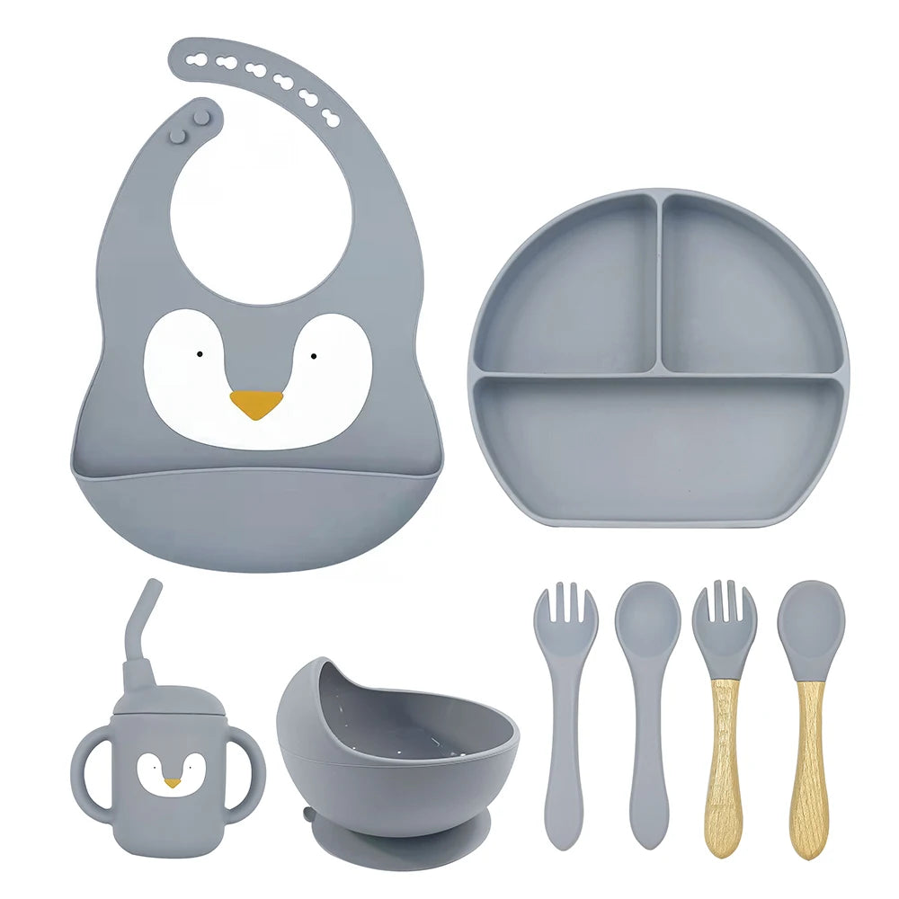 8pc Bebe Silicone Feeding Set Toddler Weaning Set Suction Bottom Infant Dining Tableware