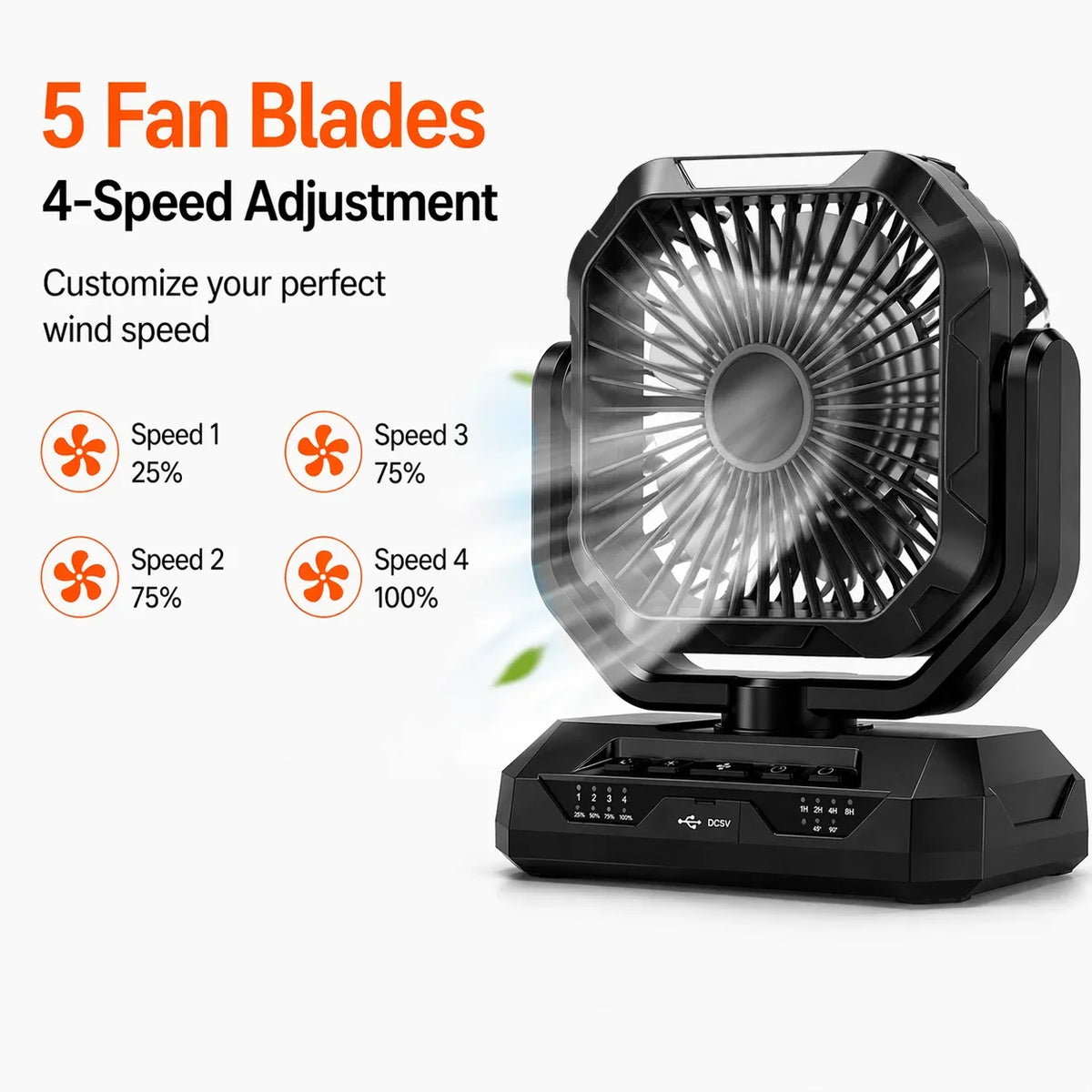 Portable Rechargeable Camping Fan With USB-C Charging Port 4-Speed Oscillating Brushless