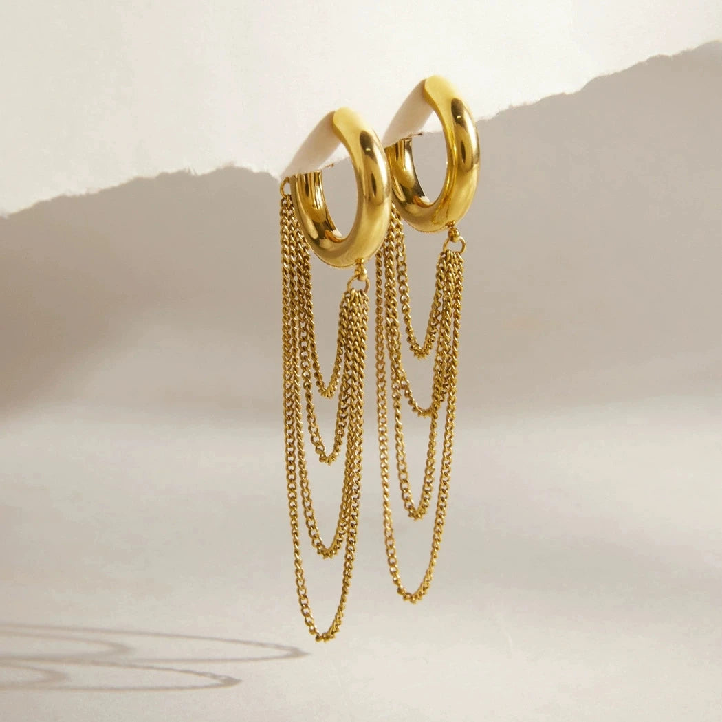 Minimalist 18k Gold Plated Stainless Steel Chain Tassel Huggie Hoops Stud Earrings